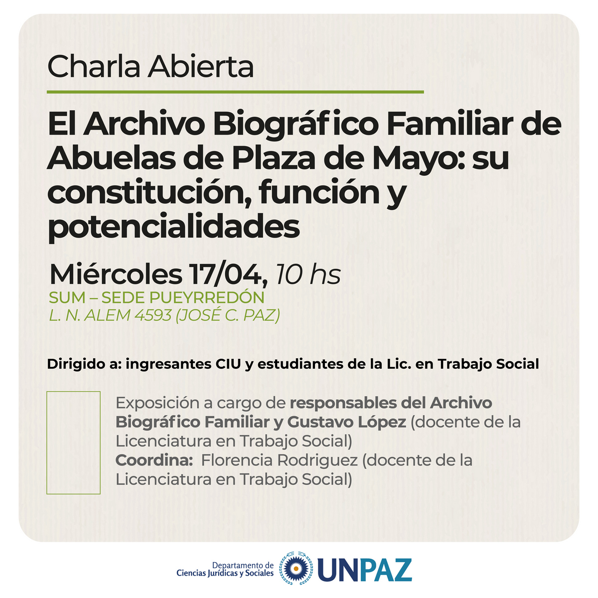  Charla abierta "El Archivo Biográfico Familiar de Abuelas de Plaza de Mayo: su constitución, función y potencialidades"