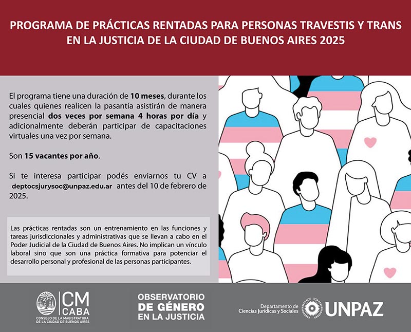 CONVOCATORIA ABIERTA AL PROGRAMA DE PRÁCTICAS RENTADAS PARA PERSONAS TRAVESTIS TRANS DE LA CARRERA DE ABOGACIA