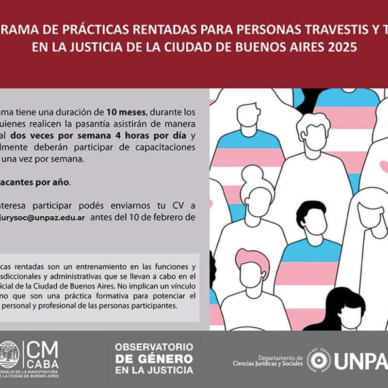 CONVOCATORIA ABIERTA AL PROGRAMA DE PRÁCTICAS RENTADAS PARA PERSONAS TRAVESTIS TRANS DE LA CARRERA DE ABOGACIA