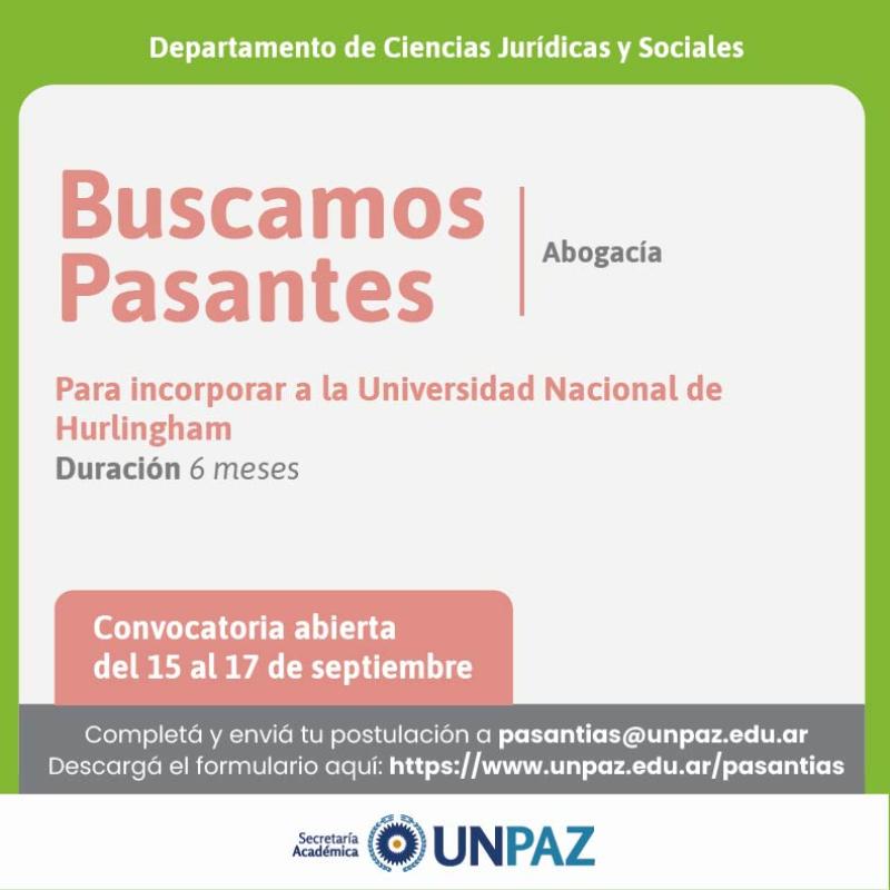 CONVOCATORIA ABIERTA A PASANTÍAS EN LA UNIVERSIDAD NACIONAL DE HURLINGHAM - UNPAZ