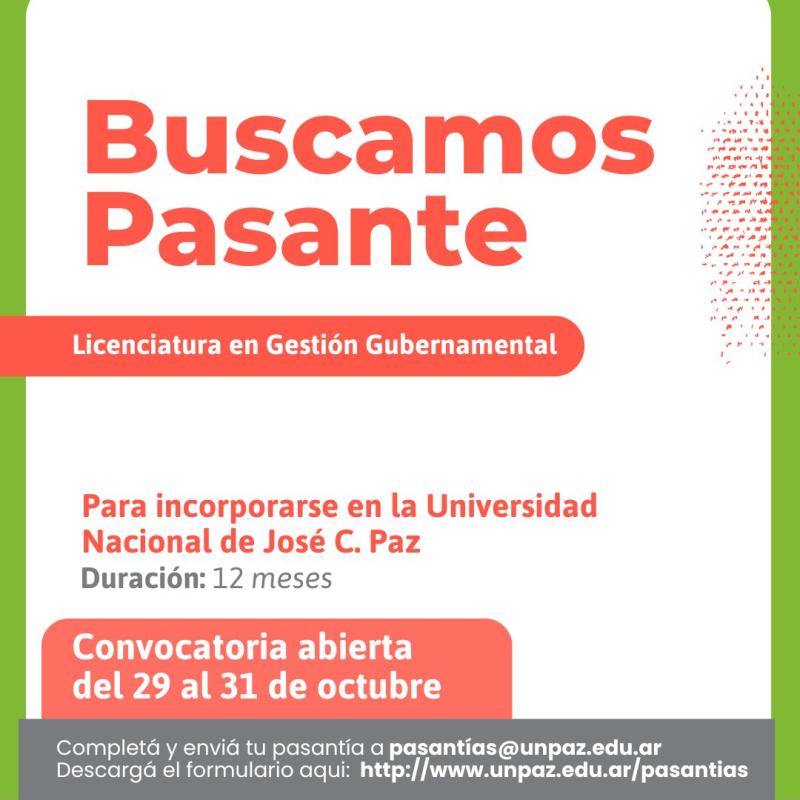 CONVOCATORIA ABIERTA A PASANTÍA EN LA UNIVERSIDAD NACIONAL JOSÉ C. PAZ - UNPAZ